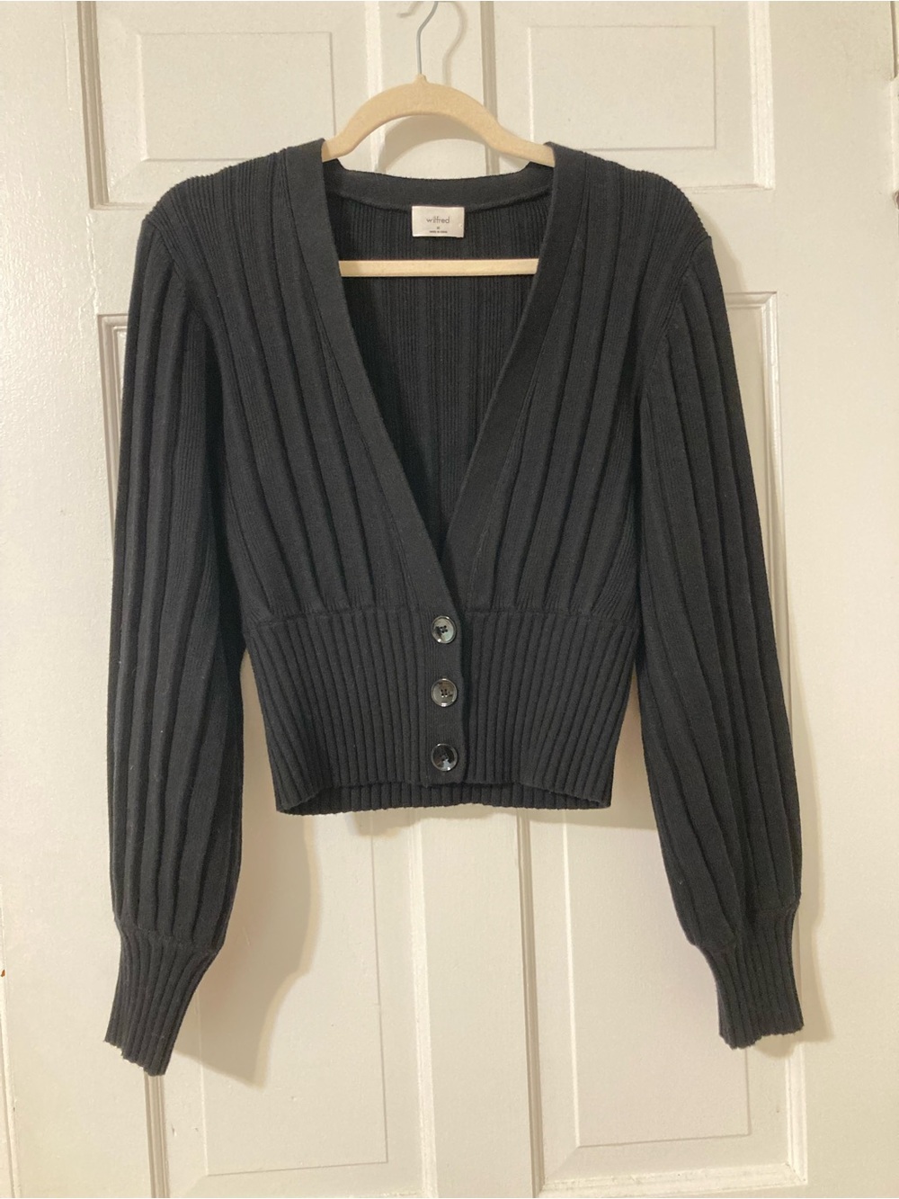 Aritzia Wilfred Ribbed V-Neck Button Front Sweater Cardigan - Black